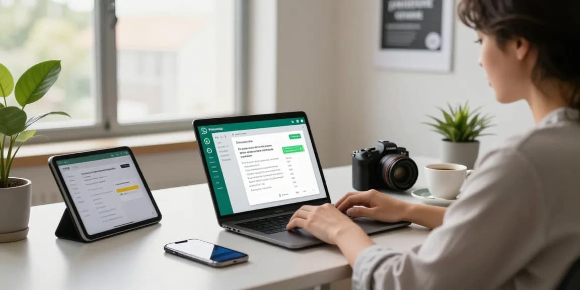 Using WhatsApp電腦版 on a laptop in a modern office workspace, showcasing productivity and digital communication.