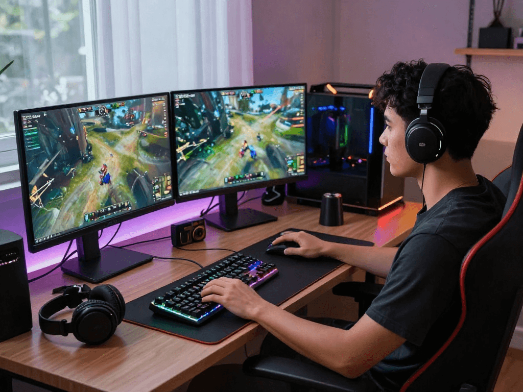 Gamer at a vibrant setup showcasing rokok88 login for optimal gameplay.