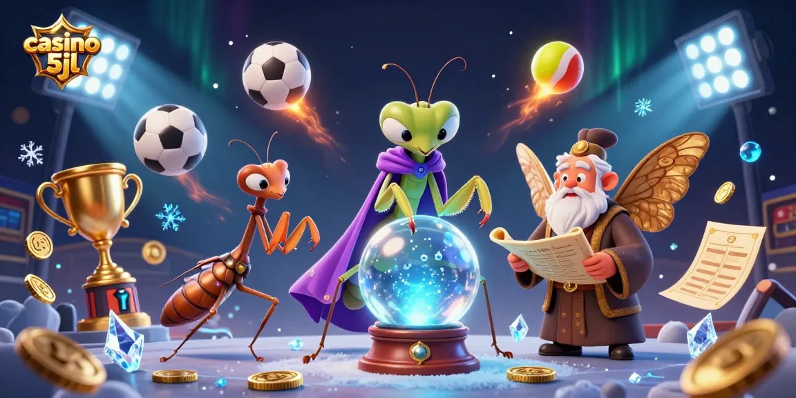 Engage in thrilling action with casino 5jl featuring a fortune teller and floating oracles amidst dynamic sports elements.