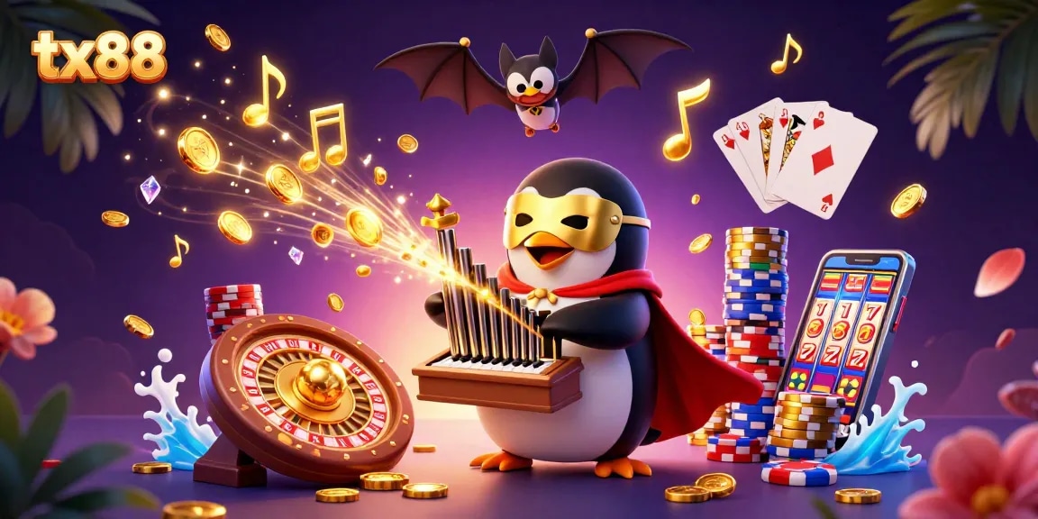 Experience tx88's vibrant casino energy with a lively 3D penguin and bat acrobat.