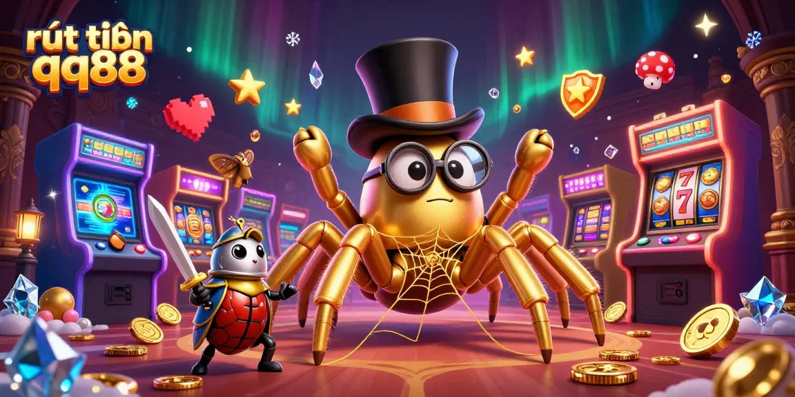 Join the adventure of rút tiền qq88 with a golden tarantula, brave beetle knight, and magical casino elements.