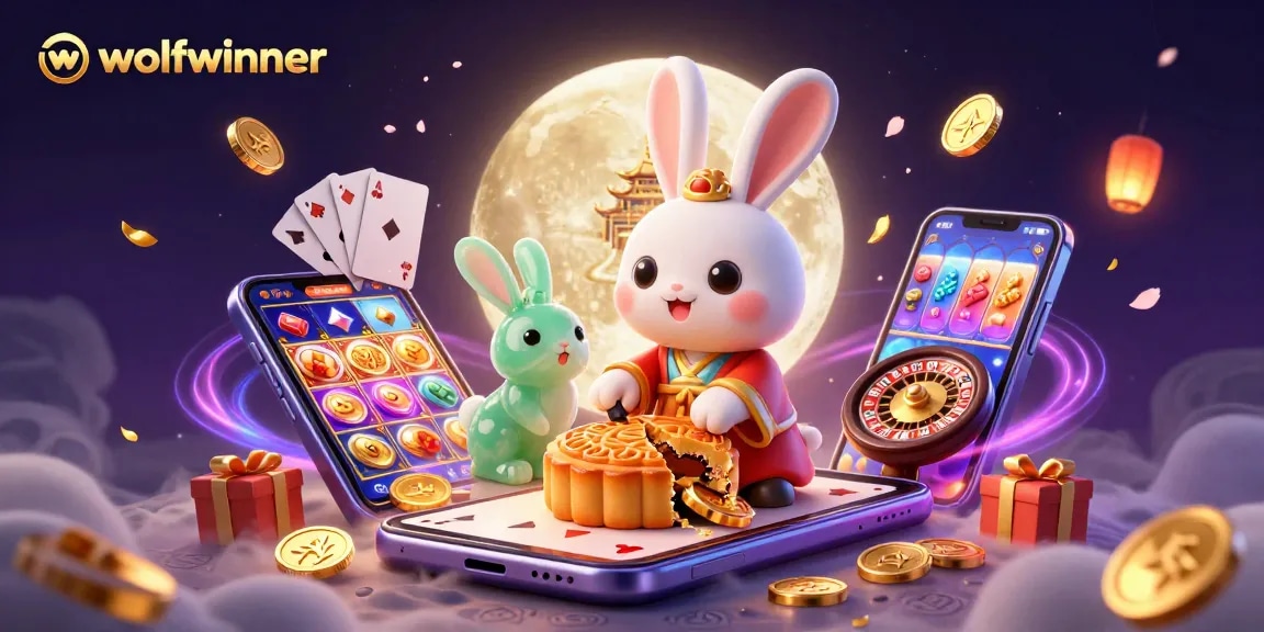 Engage in thrilling gaming with wolfwinner featuring a moon rabbit and vibrant casino elements.