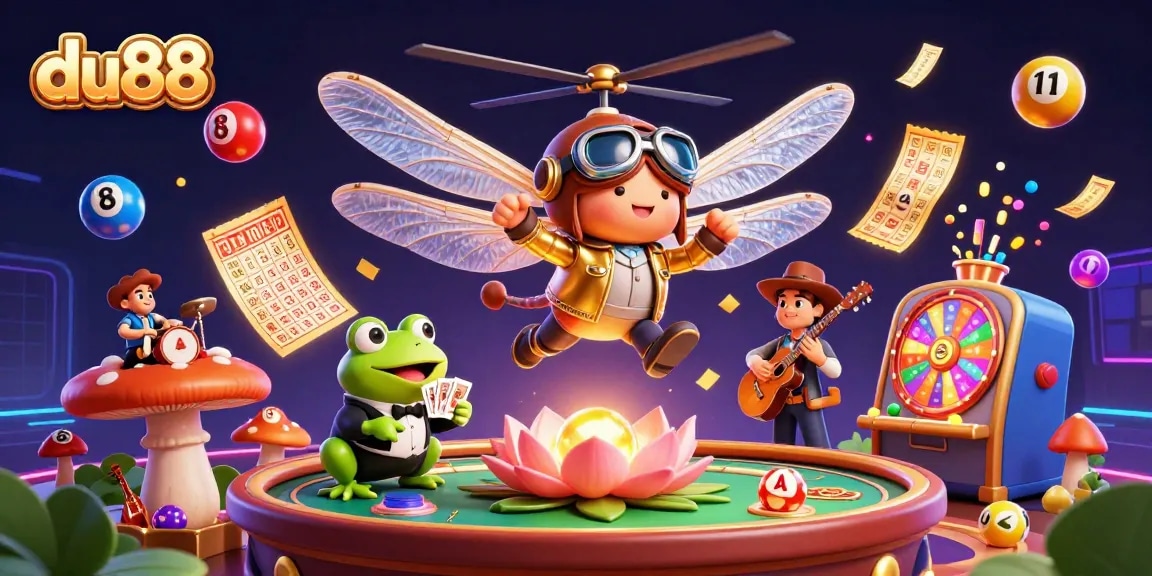 Engage in exciting games at du88 with vibrant visuals of a frog croupier and lively lottery elements.