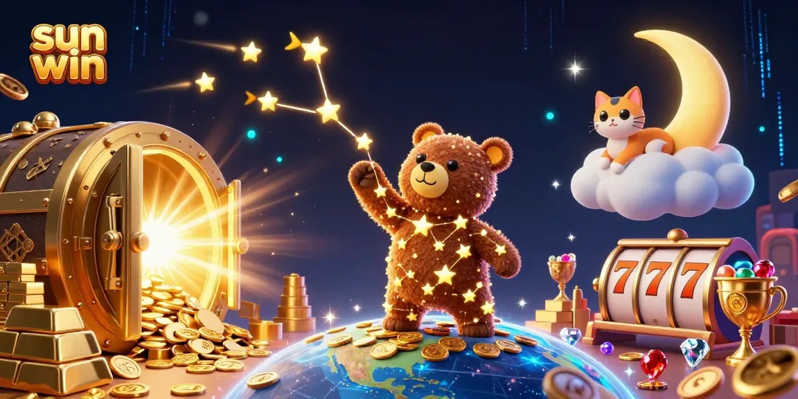 Engage with "sun win" in this vibrant casino scene filled with treasure and gaming elements.