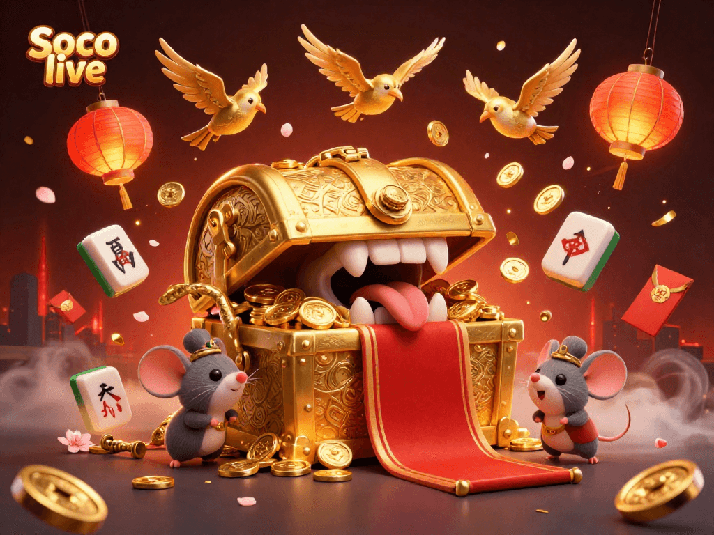 Soco live captivates players with a vibrant 3D illustration of a treasure chest and casino elements.