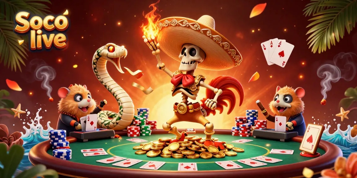 Soco live features a vibrant casino scene with characters celebrating wins among poker elements.