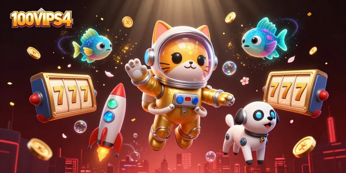 Engage in thrilling adventures with 100VIPS4, featuring a space astronaut cat and gaming elements like slot reels.