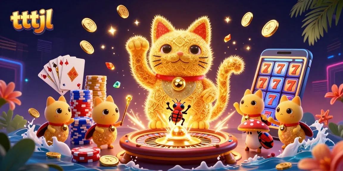 Experience the excitement with tttjl's animated lucky cat surrounded by casino symbols and gems.