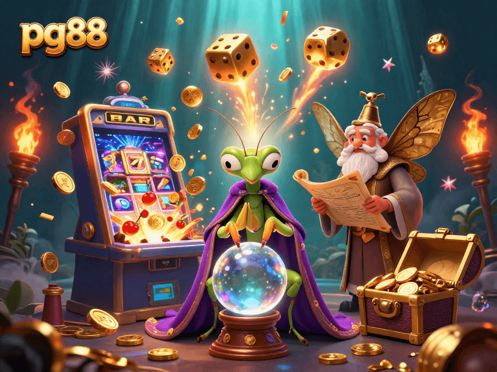Engage in exciting gaming at pg88 with a colorful, 3D fantasy casino illustration highlighting jackpot thrills.