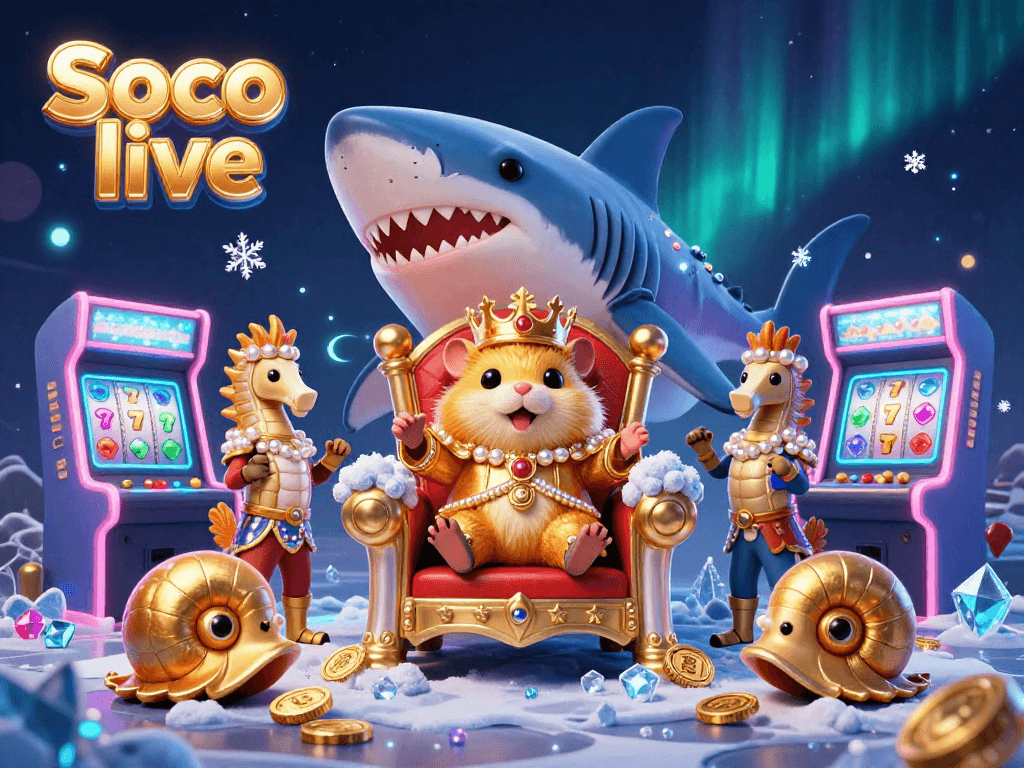 Soco live showcases a vibrant 3D illustration of a golden hamster king among arcade games, engaging players in energizing casino action.