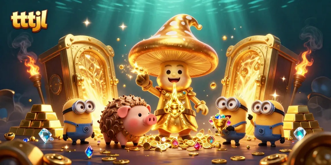 Transform your luck with tttjl's magical mushroom wizard in a treasure-filled casino scene.