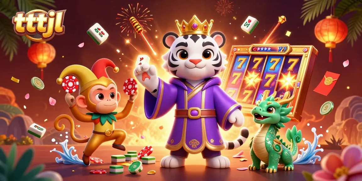 Engage with tttjl's vibrant casino scene featuring a tiger, monkey, and dragon amid dynamic slots.