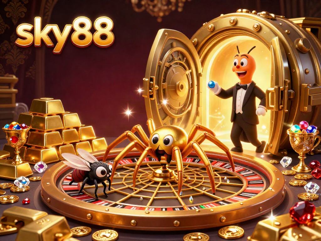 Experience the excitement of sky88 with a dynamic roulette-inspired scene featuring a golden spider and vibrant casino elements.