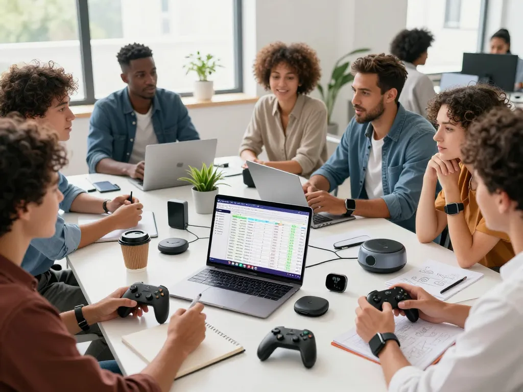 Discover trending tech gadgets in a vibrant office scene showcasing innovative Bluetooth devices and collaboration.