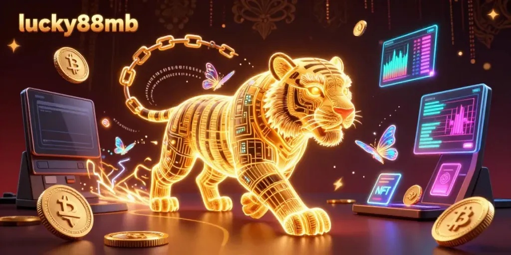 Engage in winning strategies at lucky88mb, with neon golden tiger and crypto elements in an exciting casino scene.