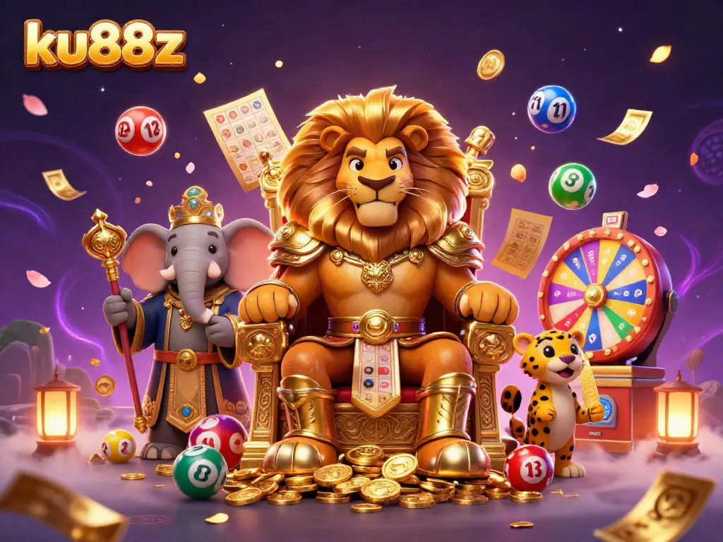 Experience the vibrant action of ku88z casino with a fierce lion king and wise advisor in a dynamic lottery scene.