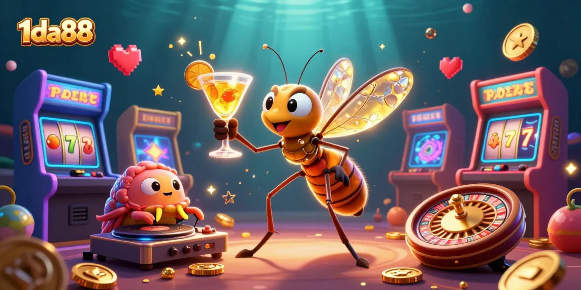 Join the excitement at 1da88 with a lively casino scene featuring vibrant characters and gaming elements.