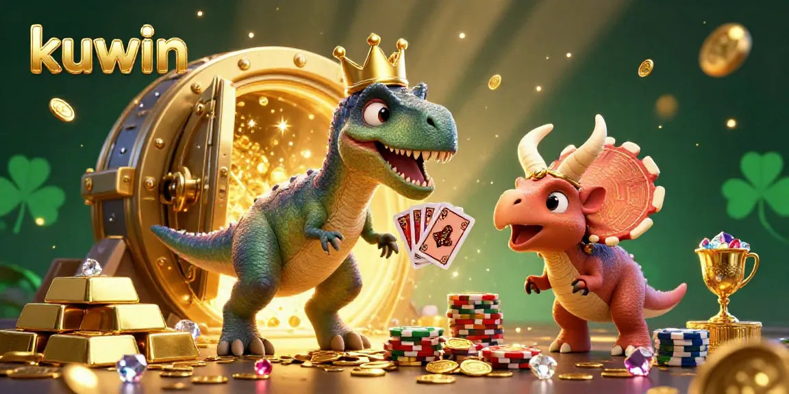 Kuwin: A vibrant 3D scene with a T-Rex shuffling cards and a pterodactyl assisting, surrounded by casino treasures.