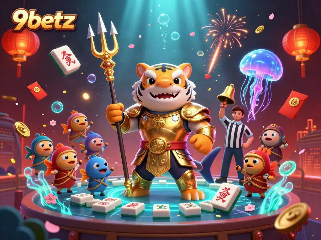 Engage with the underwater adventure of 9betz featuring a fierce tiger shark and vibrant gaming elements.