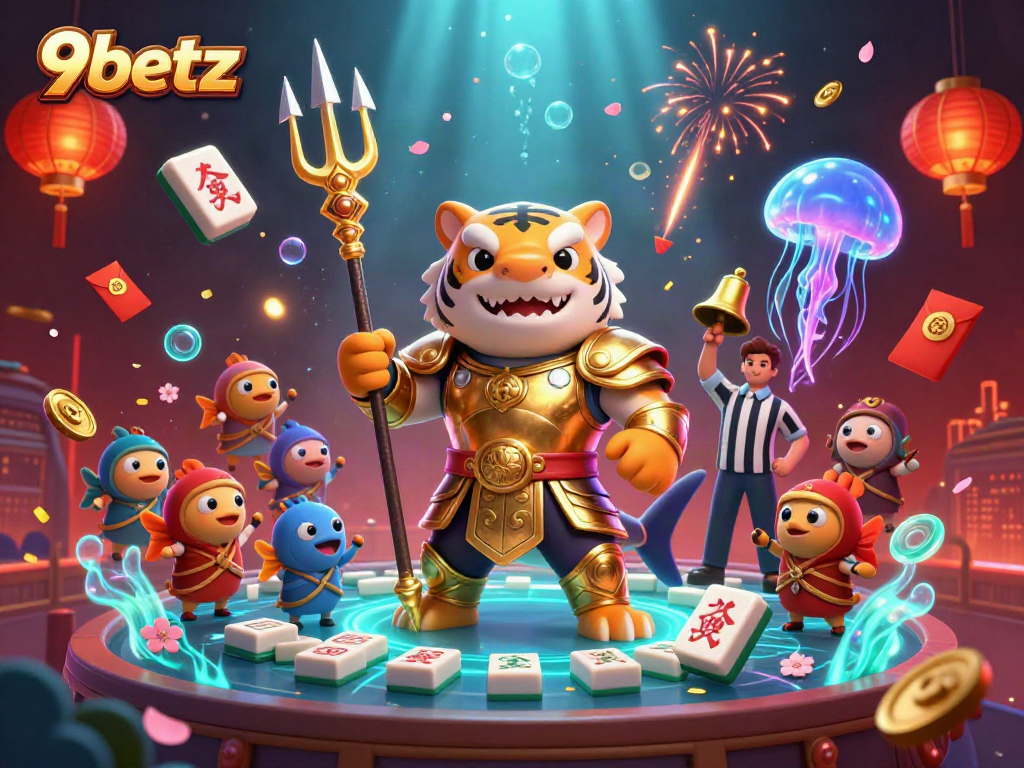 Engage with the underwater adventure of 9betz featuring a fierce tiger shark and vibrant gaming elements.