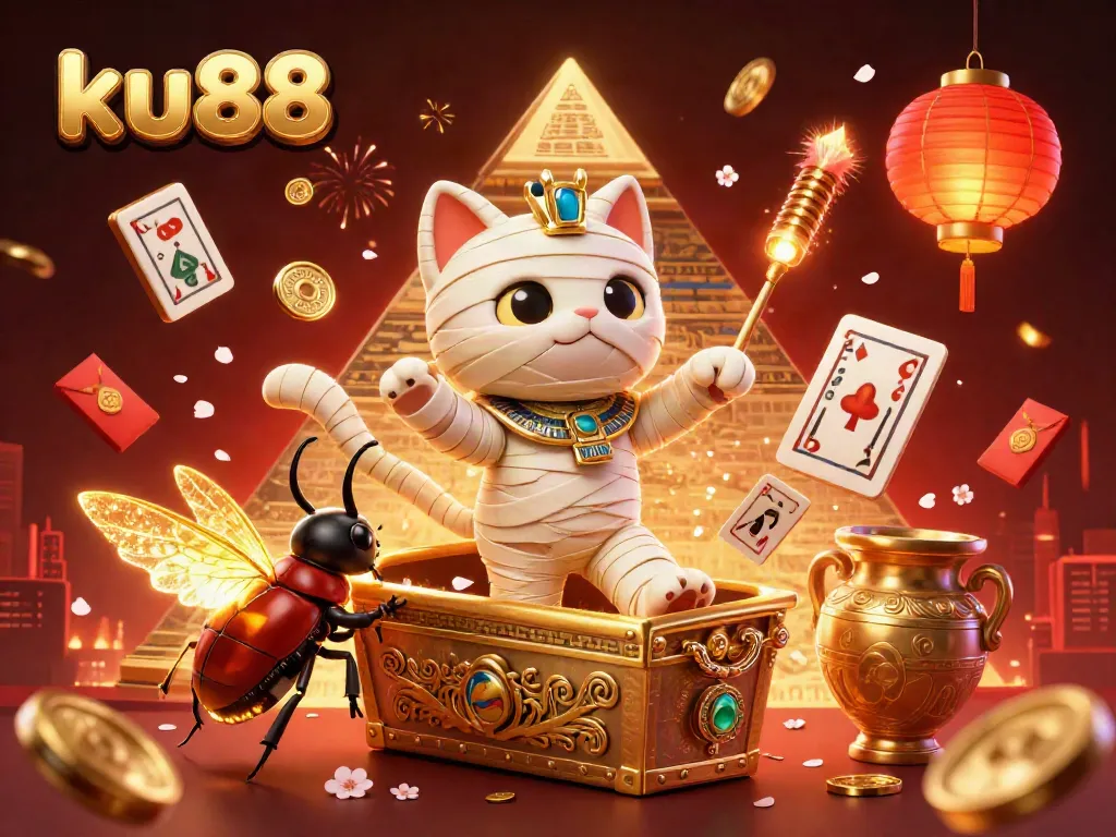 Experience the vibrant world of ku88 casino with an Egyptian mummy cat and floating hieroglyphs in this rich scene.