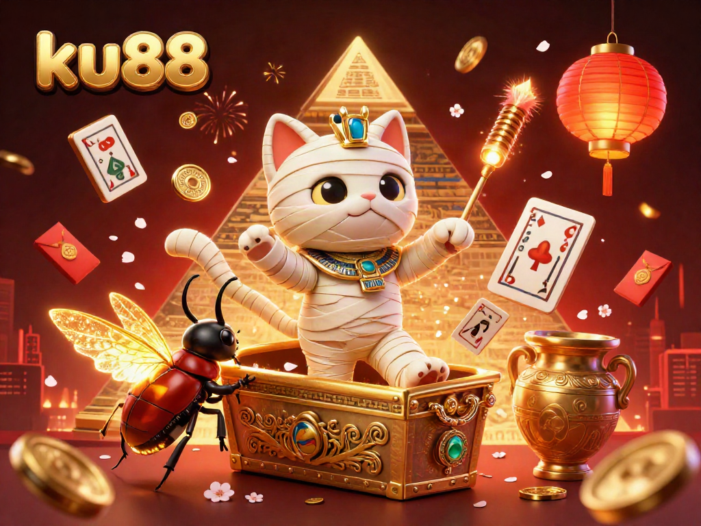 Experience the vibrant world of ku88 casino with an Egyptian mummy cat and floating hieroglyphs in this rich scene.