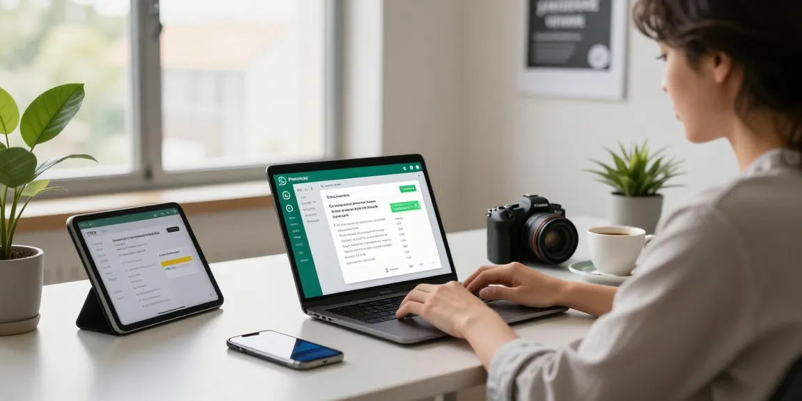 Using WhatsApp電腦版 on a laptop in a modern office workspace, showcasing productivity and digital communication.