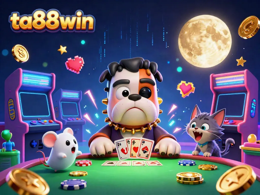 Engage in thrilling casino gameplay with ta88win, featuring a whimsical scene of a bulldog dealer, ghost mouse, and werewolf kitten.