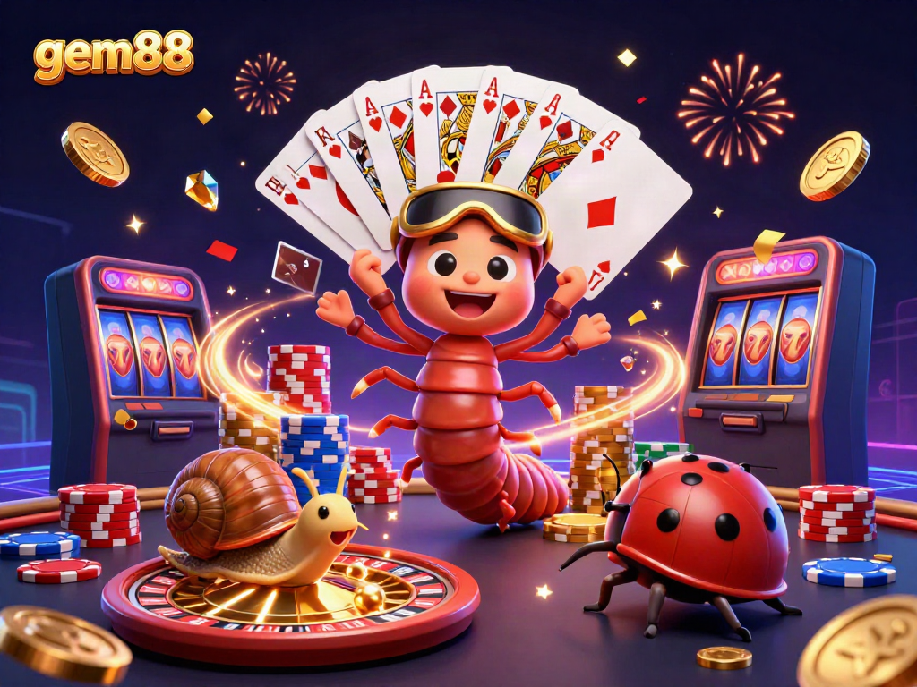 Win big and celebrate at gem88 with a thrilling 3D casino scene filled with festive elements and vibrant characters.