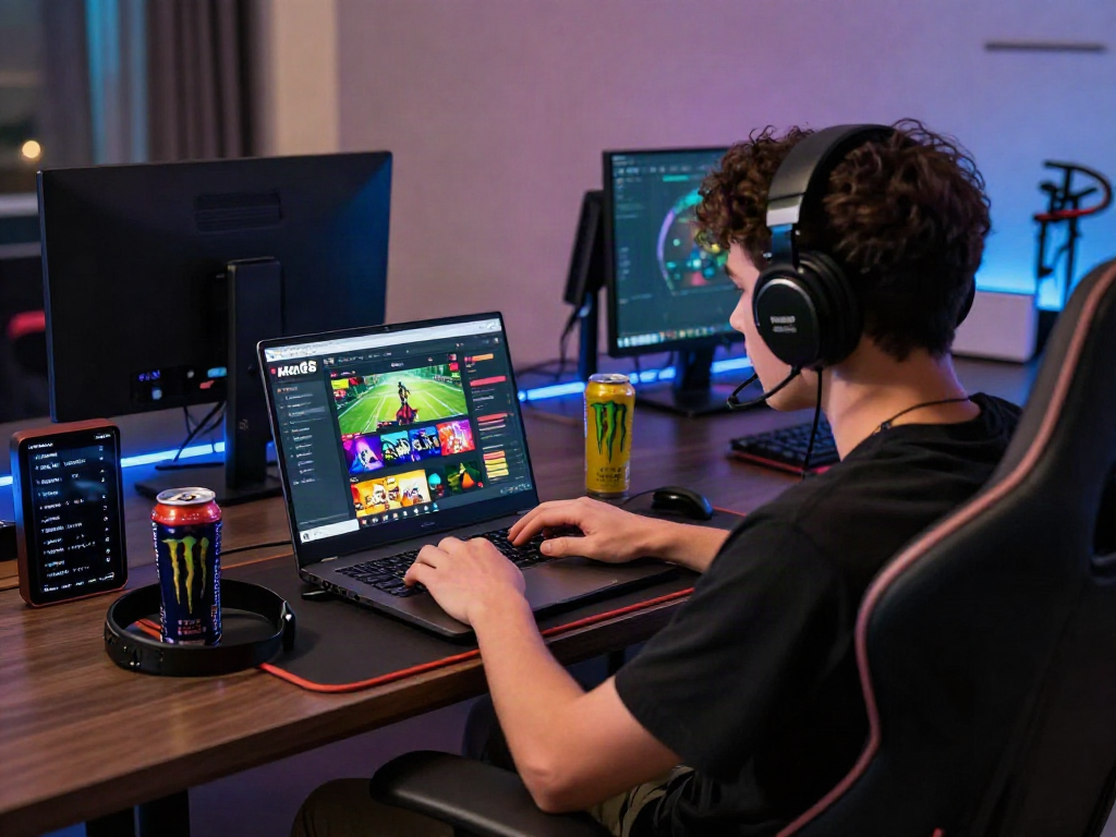 Engaged user exploring the Man88 gaming platform on a laptop in a modern gaming setup.