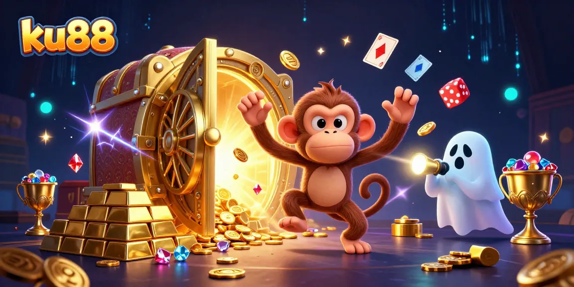 Experience thrilling excitement at ku88 with a lively 3D illustration of a mischievous monkey juggling golden casino treasures.