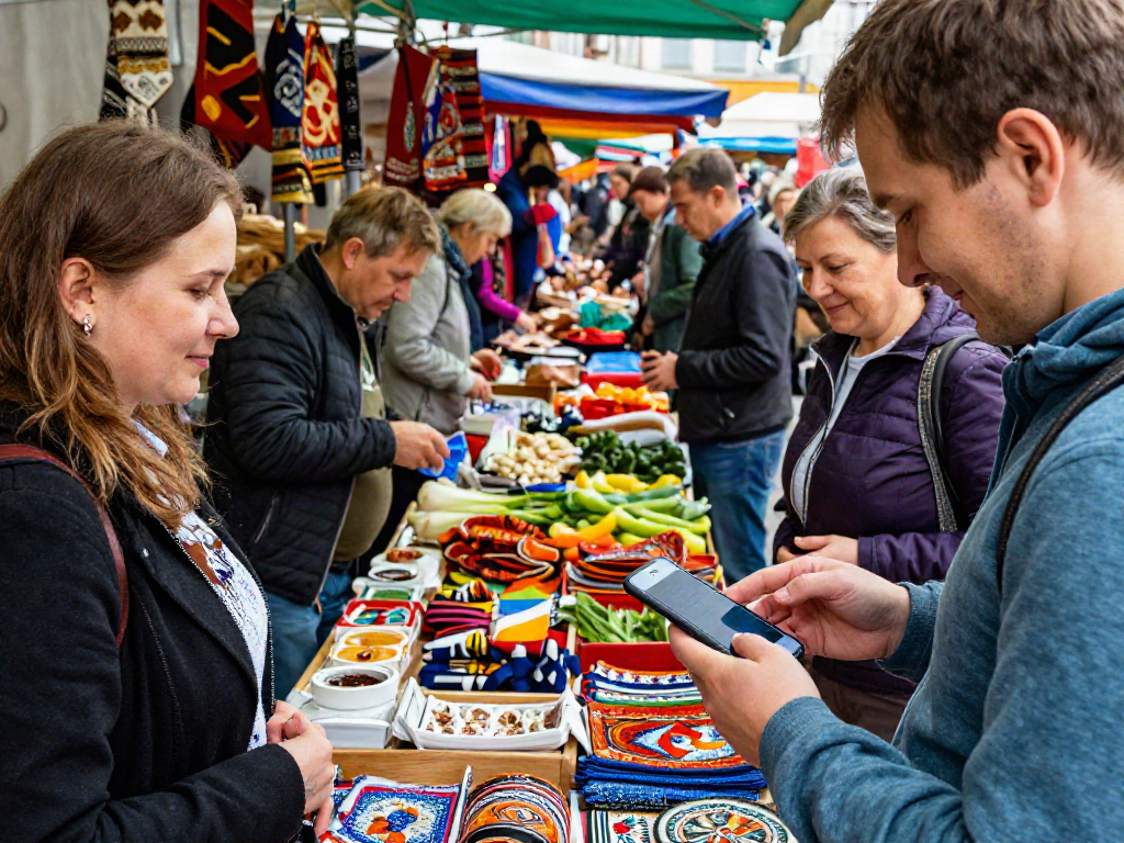 Yerli satış noktalarında, https://payinrussia.com/ ile ödeme yapan turistler ve canlı pazar atmosferi.
