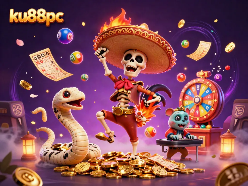 Experience the vibrant world of ku88pc with a festive scene featuring a dancing mariachi rooster amidst casino elements.