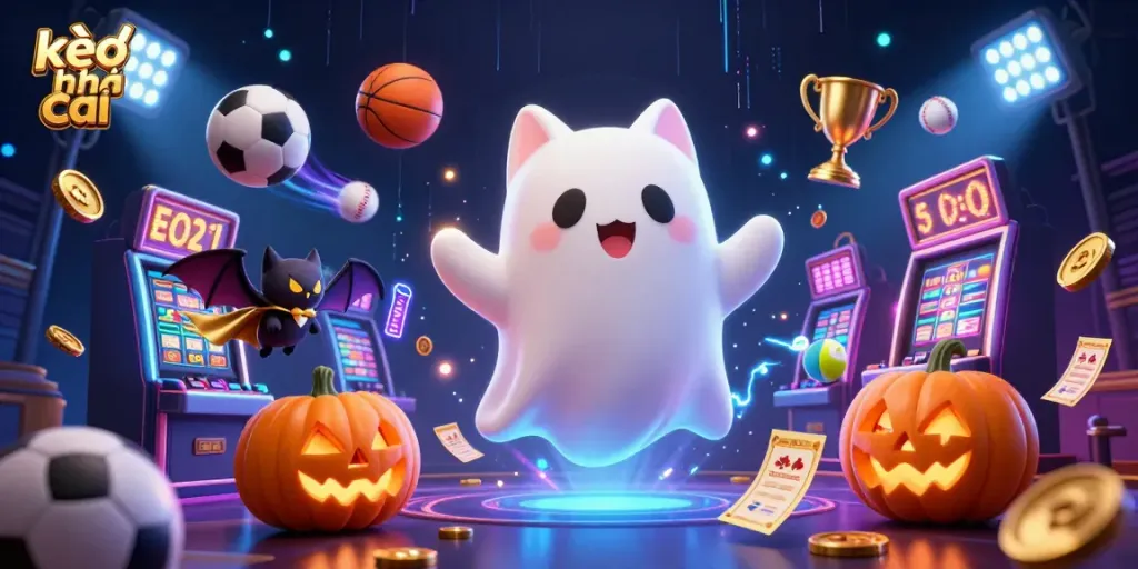 Engage in exciting kèo nhà cái betting strategies with a vibrant Halloween-themed casino scene, featuring animated characters and sports elements.