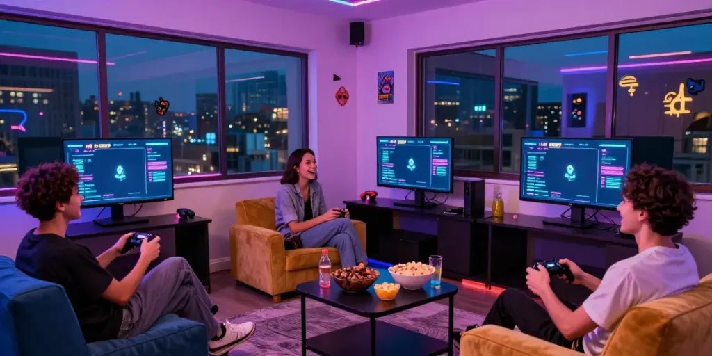 Friends enjoying an exciting gaming session with NBET interface displayed, showcasing vibrant atmosphere.
