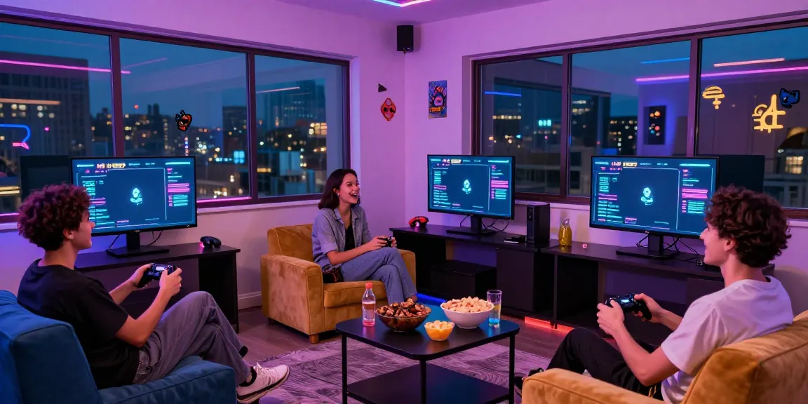 Friends enjoying an exciting gaming session with NBET interface displayed, showcasing vibrant atmosphere.