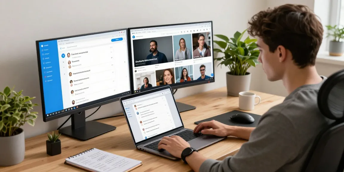 Accessing Telegram web version on a laptop with dual screens in a modern workspace