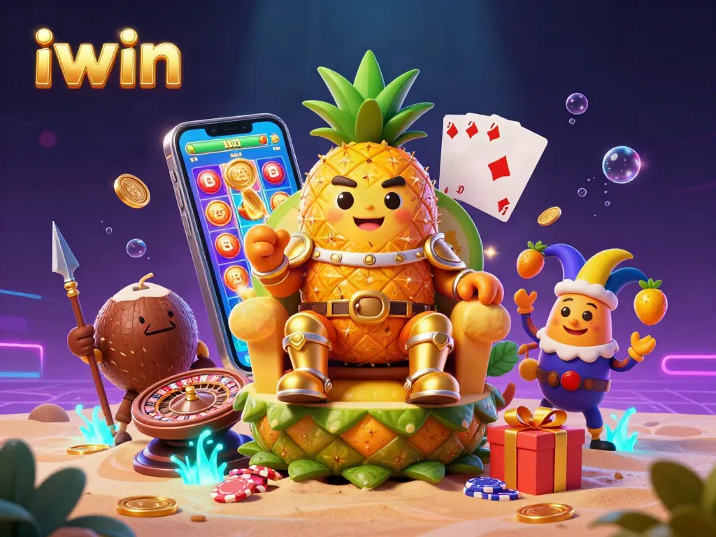 Engage with iwin's vibrant casino atmosphere featuring a golden pineapple king, slots, and exciting gaming elements.