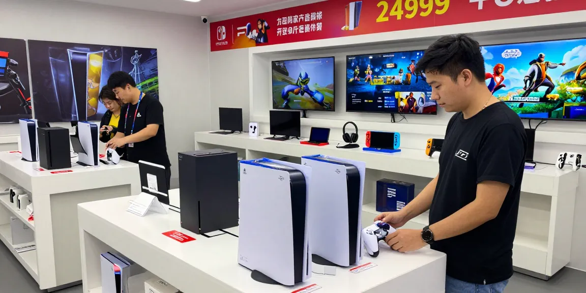rokok88 showcases original PS5, Nintendo Switch OLED, and Xbox Series X in a vibrant gaming retail set-up