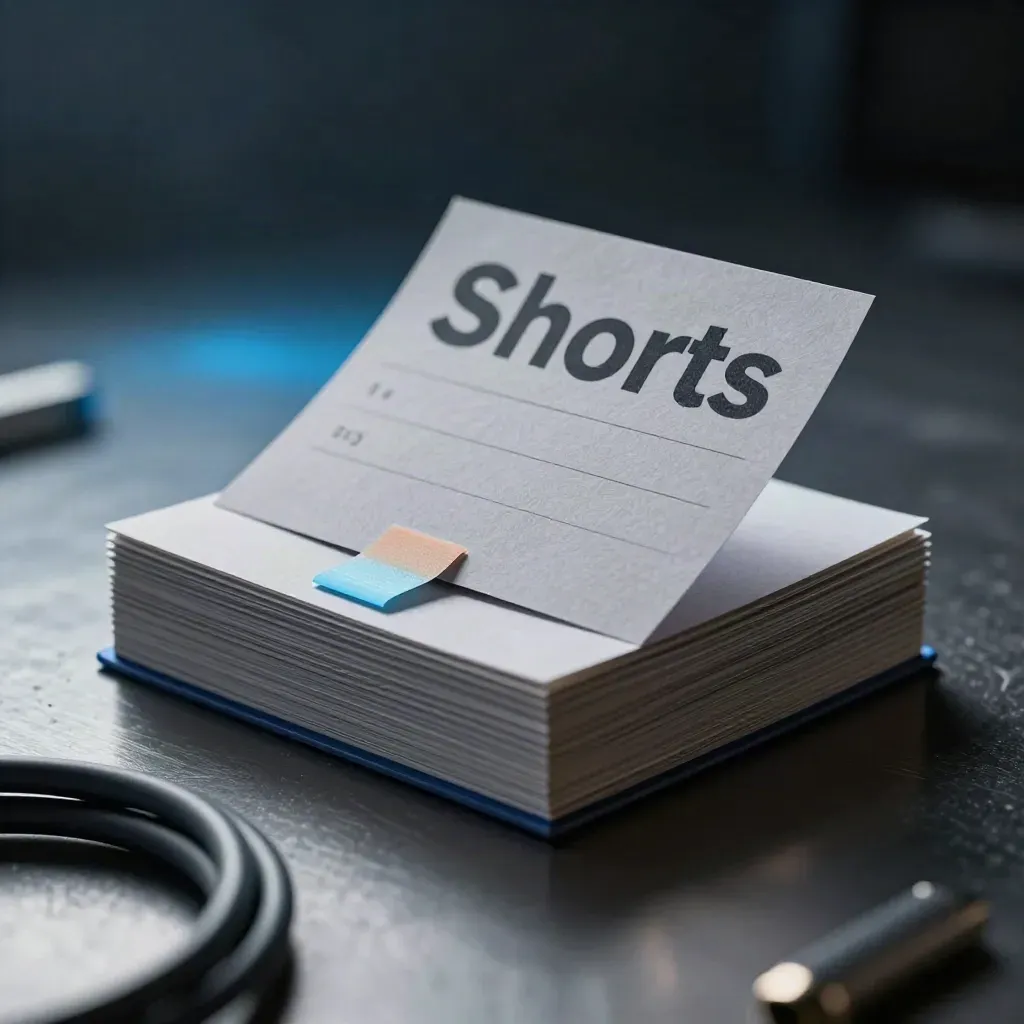 Brüt metal üzerinde Shorts not seti, kıvrılan kart ve kablo halkası, elektrik mavisi vurgu.