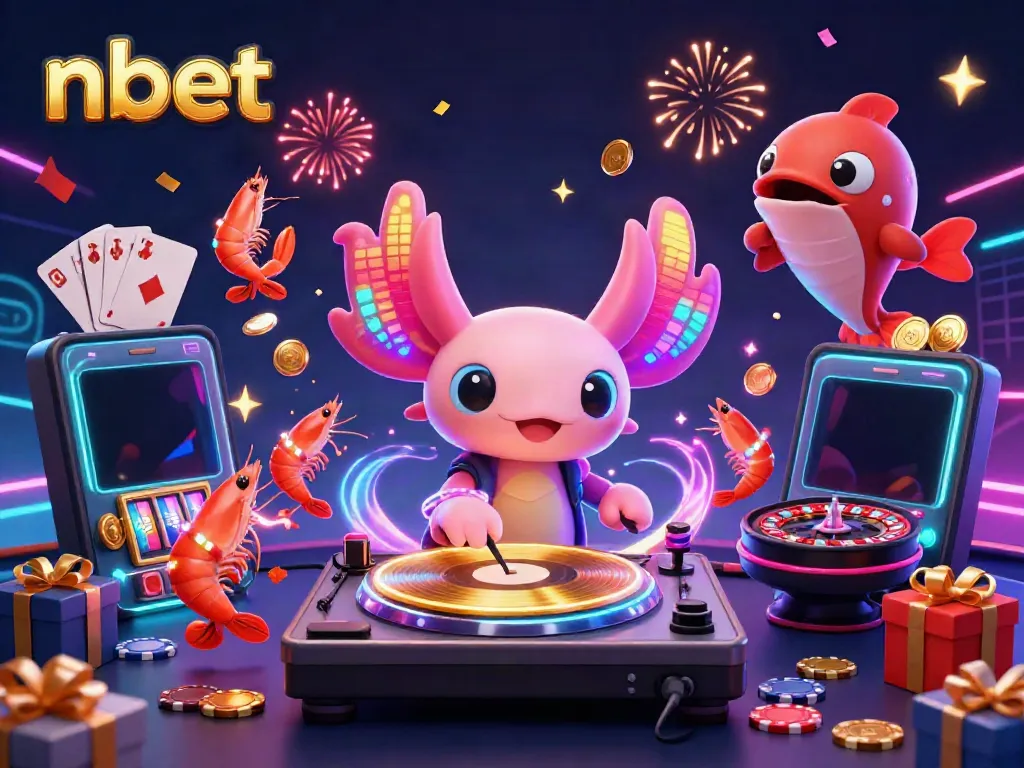 Experience vibrant gameplay at nbet with a neon axolotl DJ, shrimp dancers, and exciting game elements.