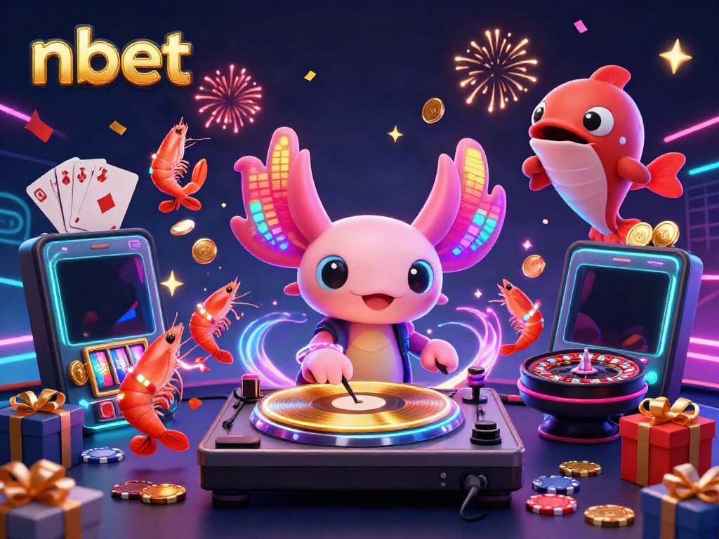 Experience vibrant gameplay at nbet with a neon axolotl DJ, shrimp dancers, and exciting game elements.
