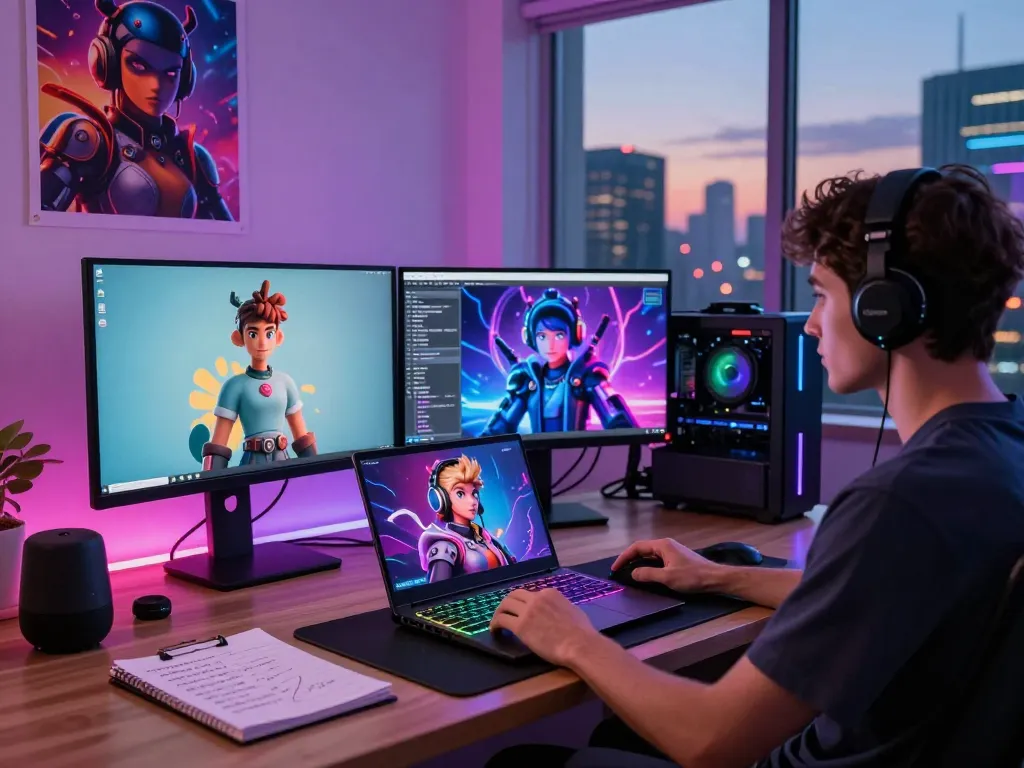 User exploring Crush on AI with vibrant character displays at a modern workspace, showcasing technological engagement.