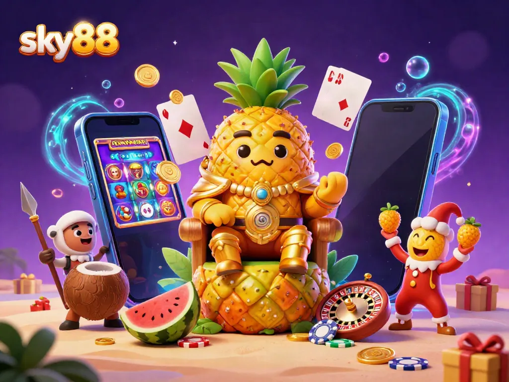 Win exciting jackpots at sky88 with vibrant illustrations of a golden pineapple king and casino games.