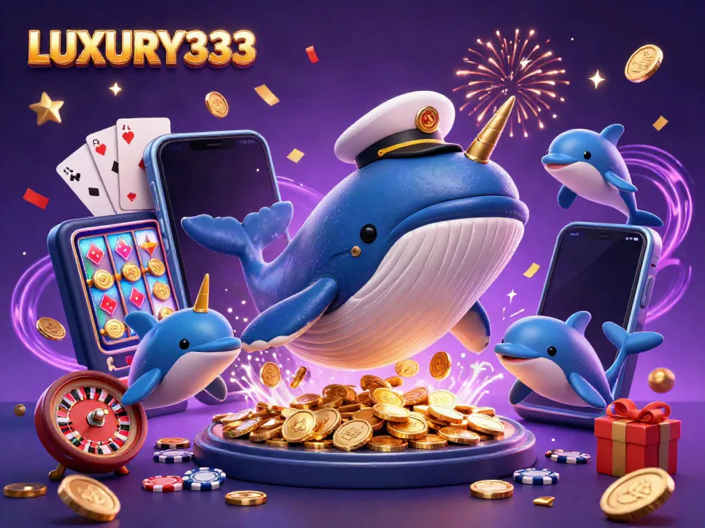LUXURY333 showcases a colorful online casino experience with whales, coins, and games.