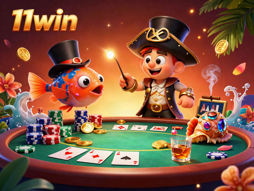 Experience the thrill of 11win with a vibrant underwater poker scene featuring treasure-laden characters and dynamic game elements.