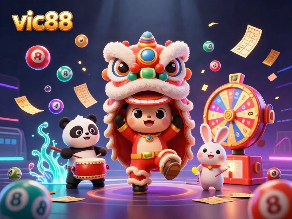 Experience vibrant gameplay at vic88 with a lively 3D lion dance illustration celebrating casino excitement.