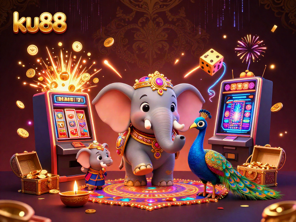 Experience the thrill of ku88 with a vibrant 3D illustration of a dynamic casino scene featuring gaming elements and celebrations.