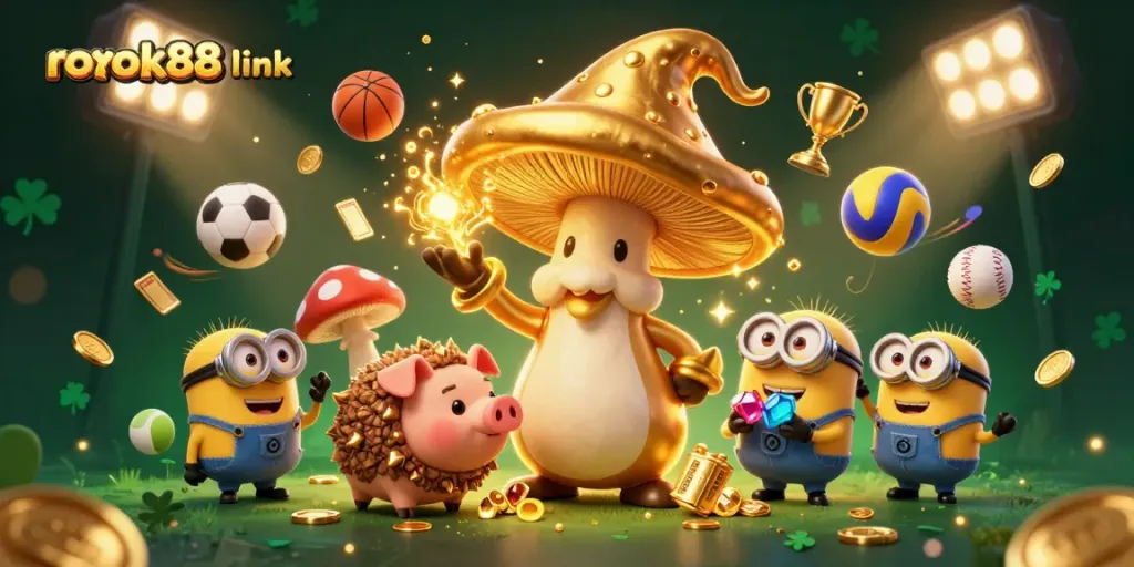 Engage in the excitement of rokok88 link with a vibrant 3D illustration showcasing a magical golden wizard, sports elements, and treasures.