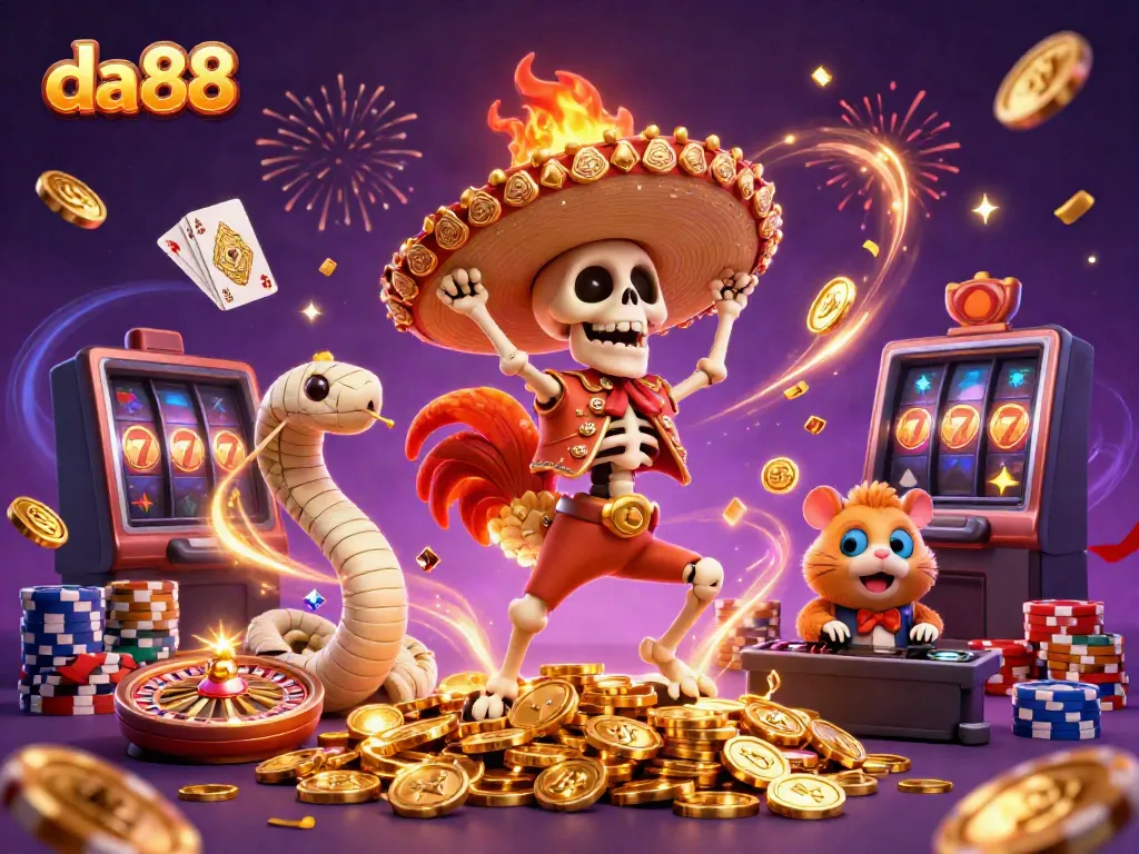 Celebrate with da88's vibrant gaming scene featuring a mariachi rooster, mummy snake, and hamster DJ surrounded by dazzling casino elements.